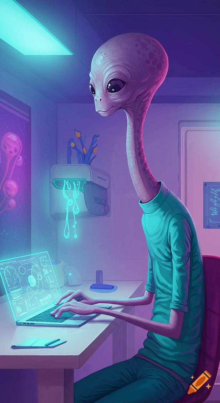 A long-necked alien works on a holographic laptop in a purple-lit room.