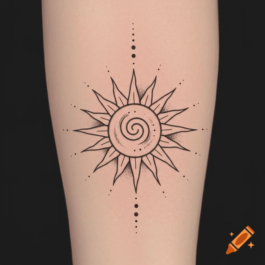 Stylized black line sun tattoo on a limb.