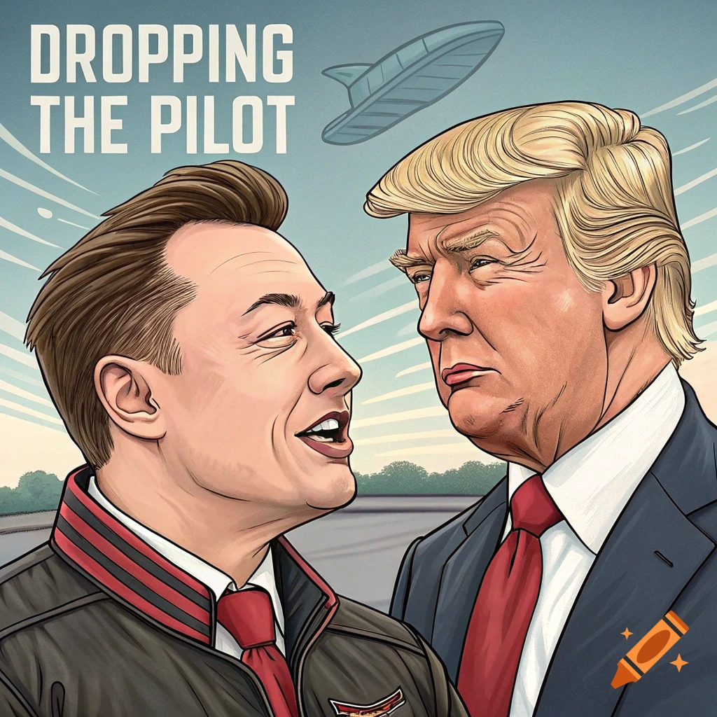 Cartoon of Elon Musk and Donald Trump looking at each other under the title 'DROPPING THE PILOT', with a blimp above.