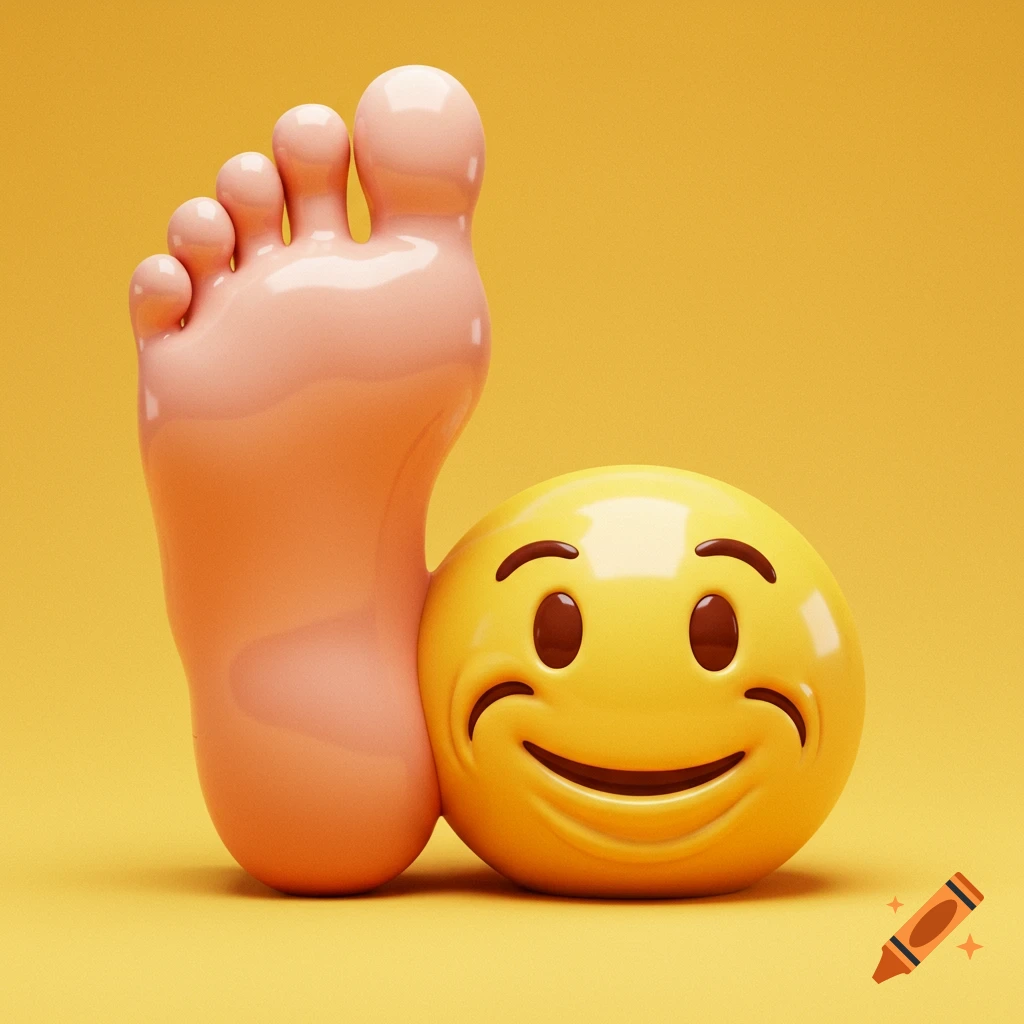 A stylized foot presses against a smiley face emoji in a 3D render on a yellow background.