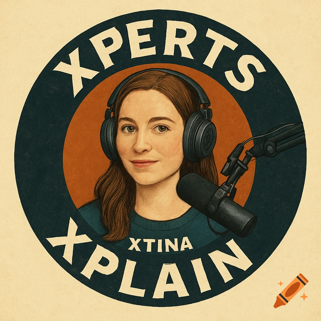 Circular logo for Xperts Xplain podcast featuring stylized illustration of woman with headphones and microphone.