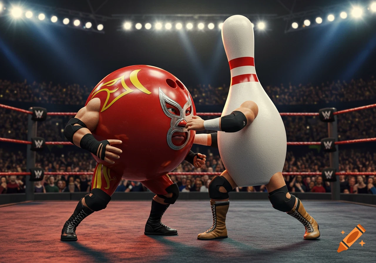 A bowling ball dressed as a luchadore wrestles a bowling pin in a ring.