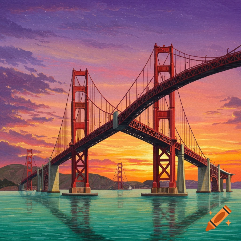 Combined Golden Gate and Coronado bridges over water at sunset, illustration.