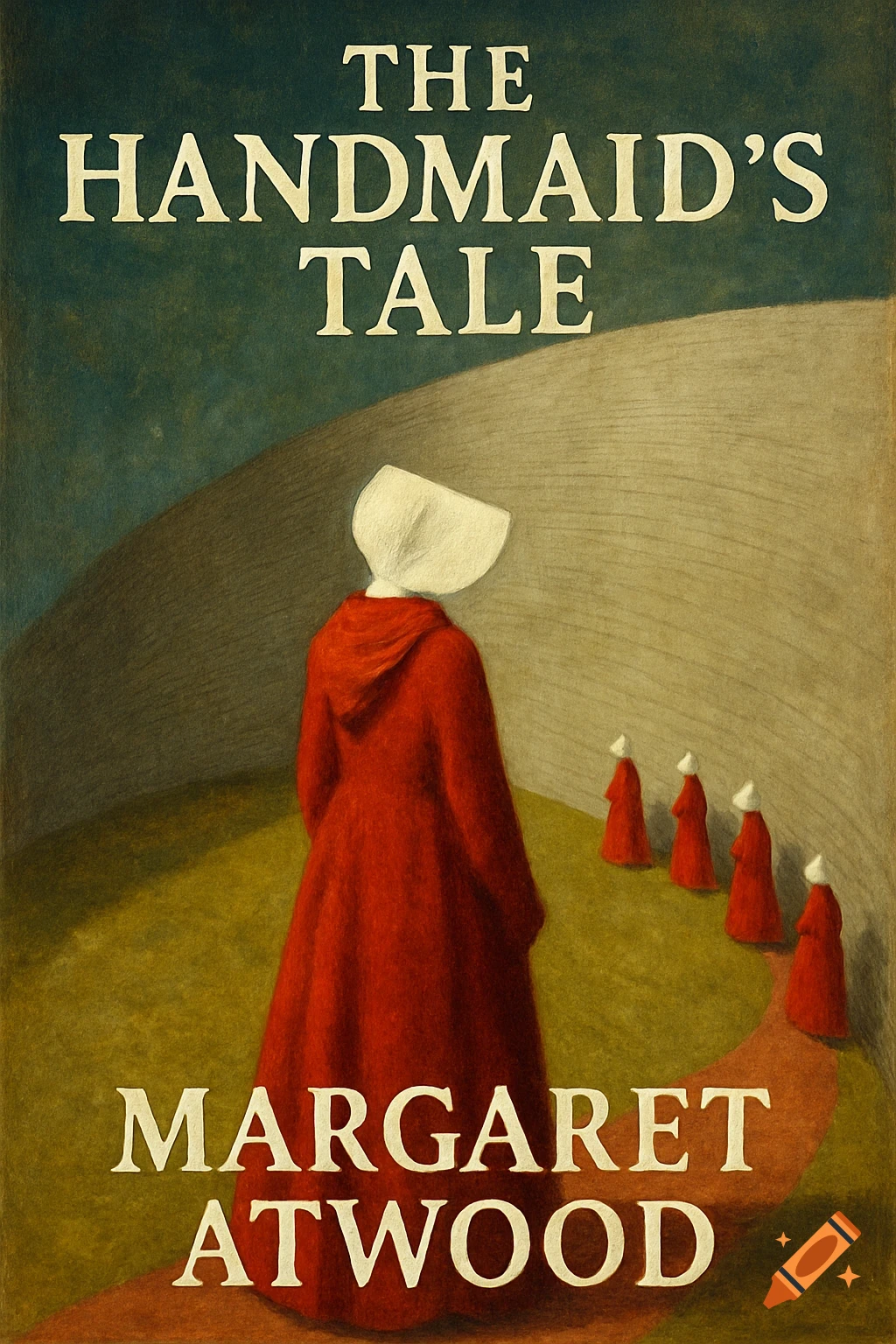 Painting of an alternate book cover for The Handmaid's Tale with a woman in red robe and white bonnet.