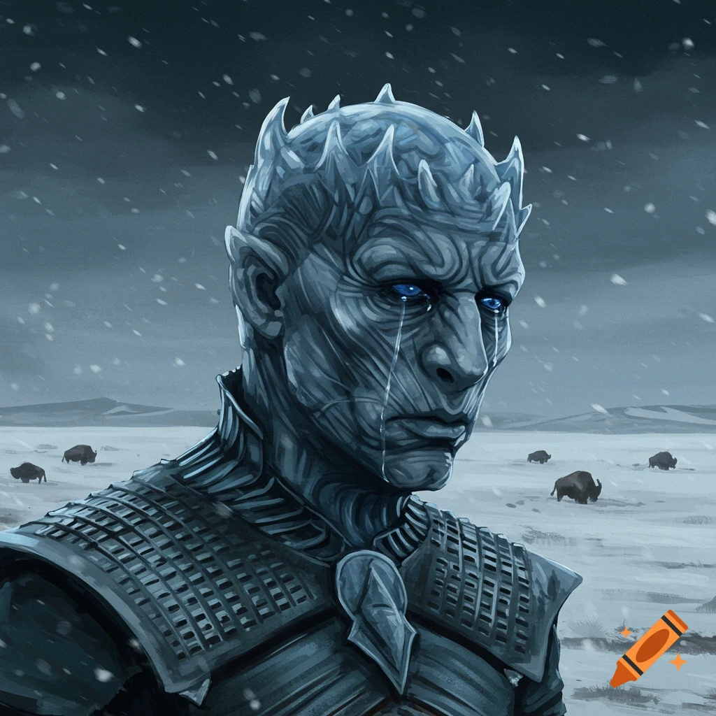Illustration of the Night King from Game of Thrones crying in a snowy landscape with buffalo.