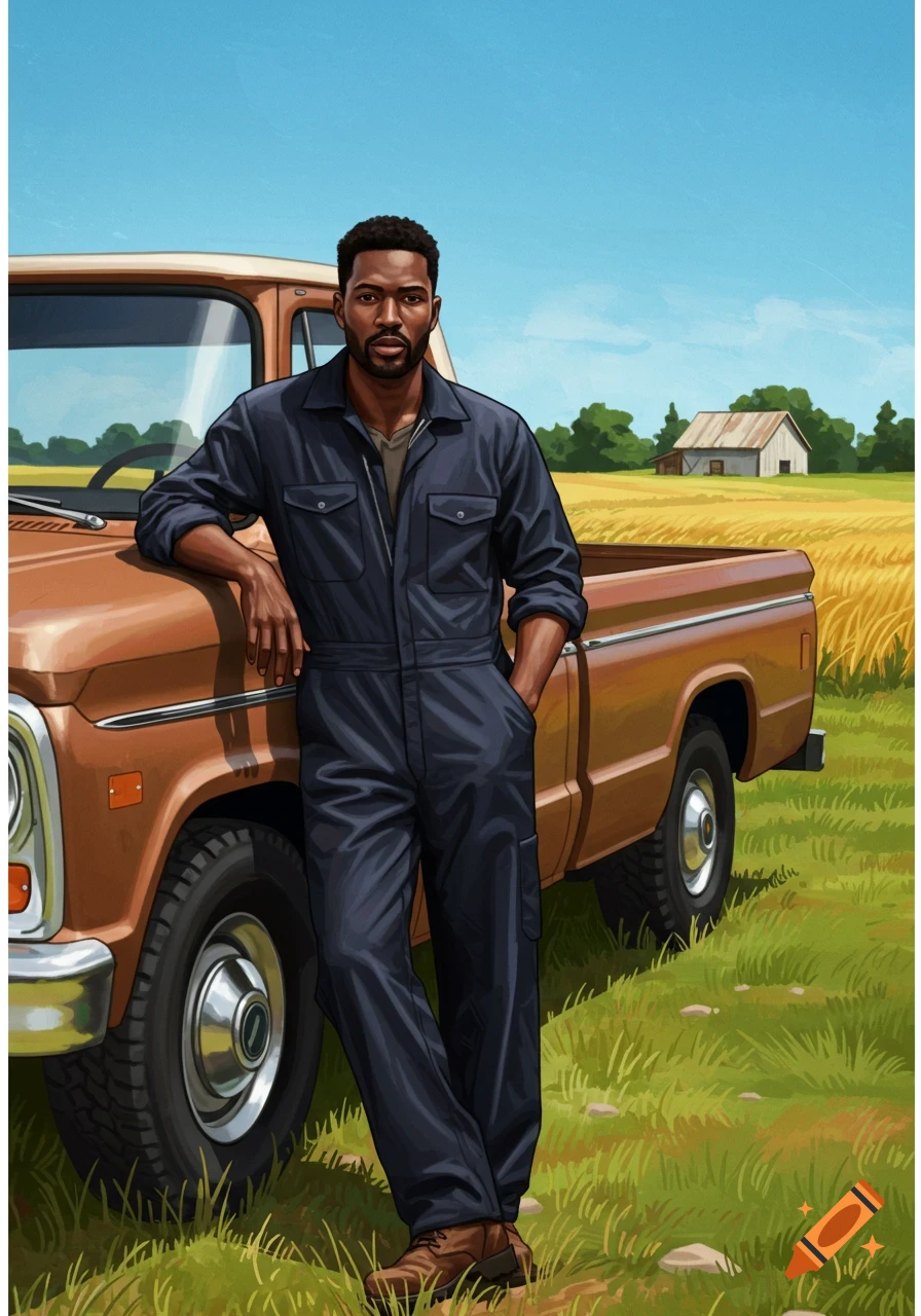 Illustration of a black man in coveralls leaning on a pickup truck in a field with a barn.