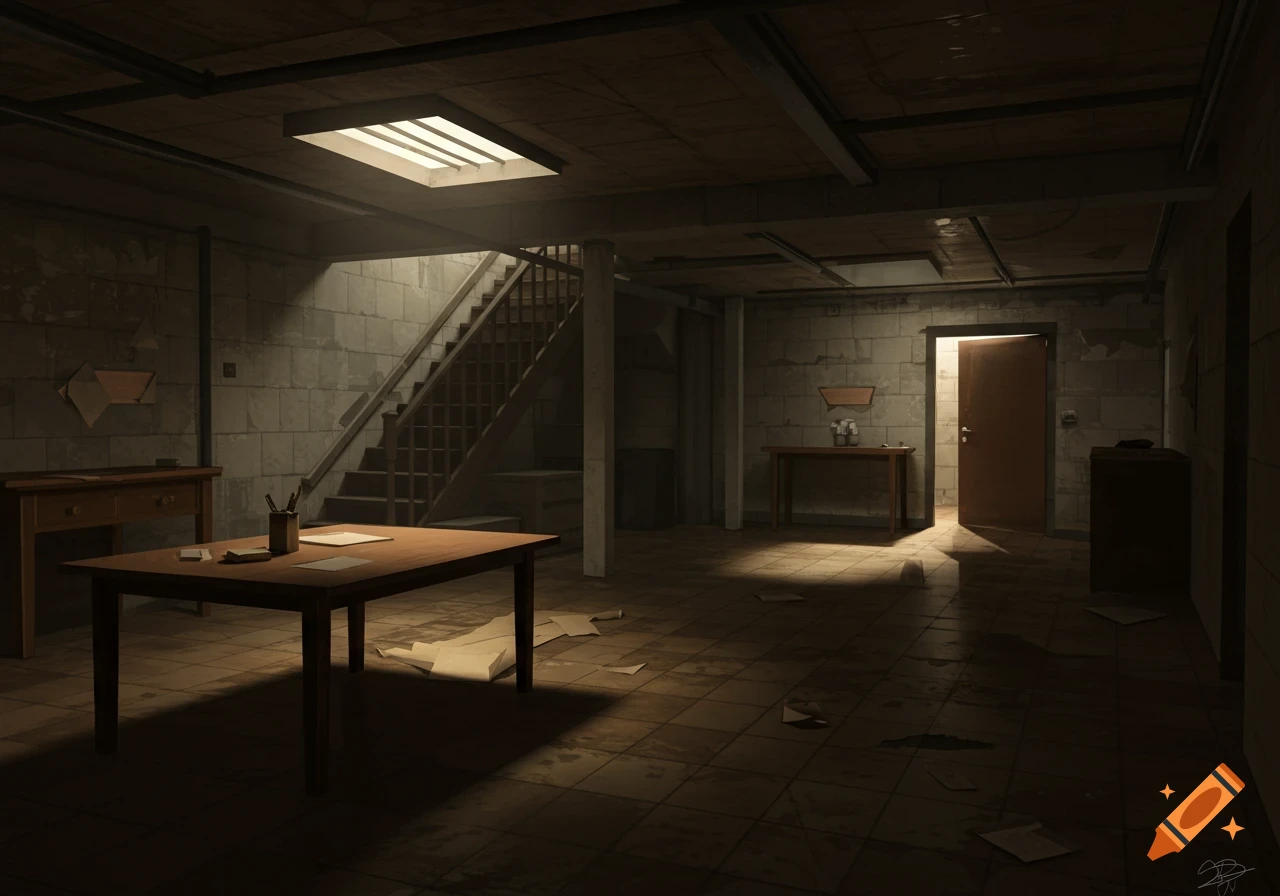 A dark, dusty basement interior with stairs leading up, a table in the foreground, and a door cracked open.