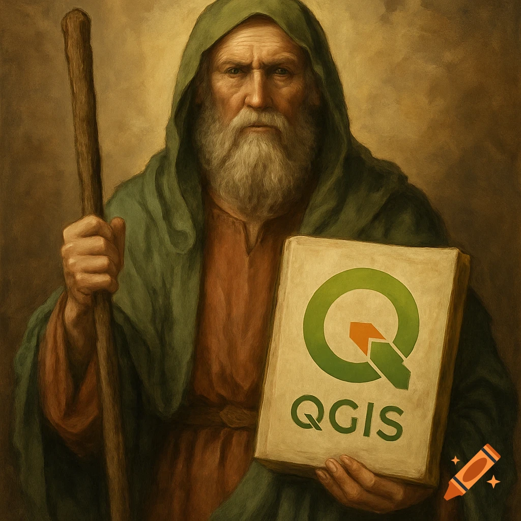 An old man in a hooded robe holds a book with the QGIS logo in a painted portrait style.