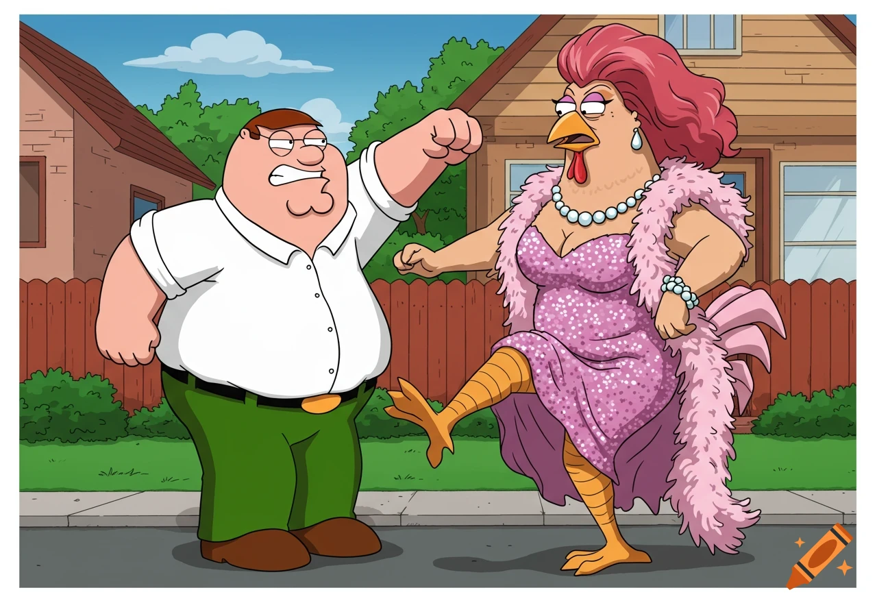 Peter Griffin fights the Giant Chicken wearing a pink dress and feather boa in the Family Guy cartoon style.
