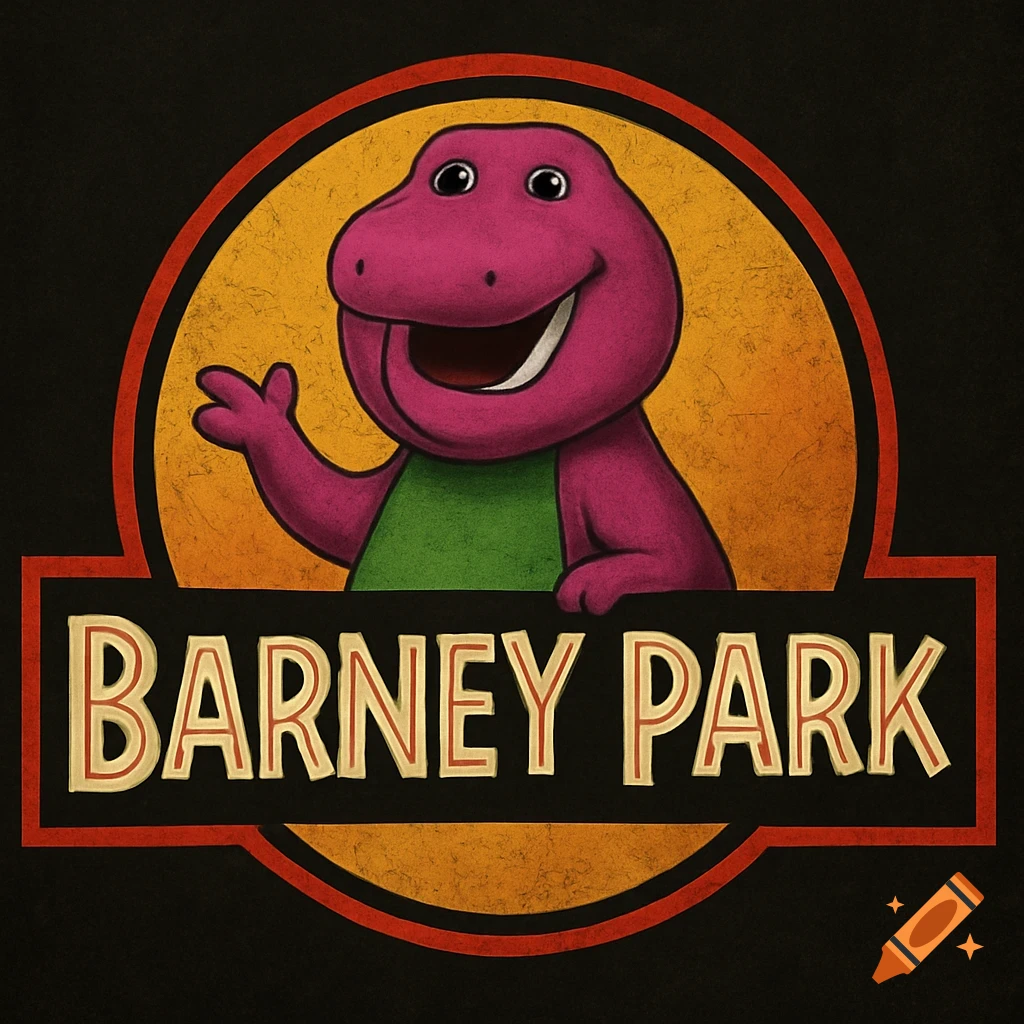 Logo parody of Jurassic Park with Barney the dinosaur and text 'BARNEY PARK'.