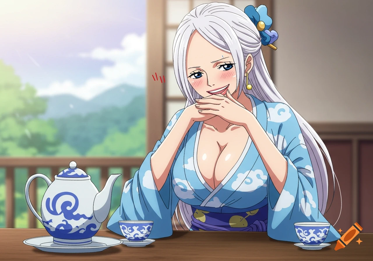 Anime character with white hair in a blue kimono sips tea at a table.