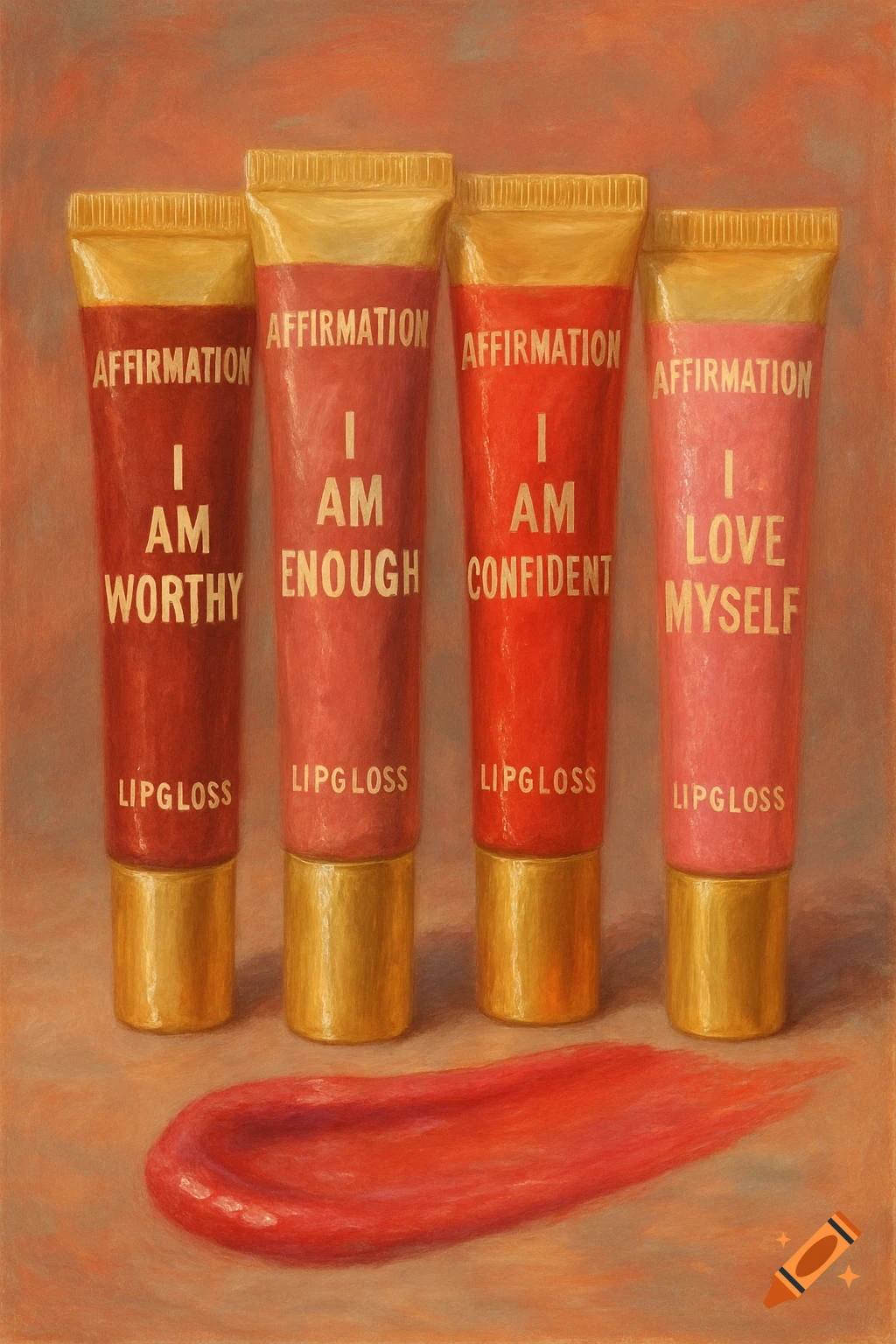 Four tubes of affirmation lipgloss and a red swatch below them, still life painting style.
