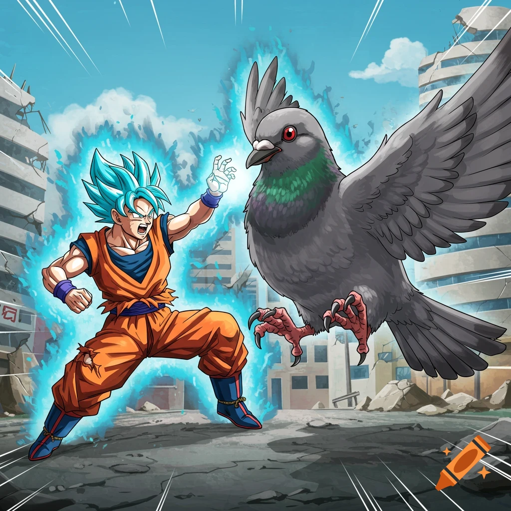 Goku from Dragon Ball Z fighting a giant pigeon in a ruined city. Anime style.