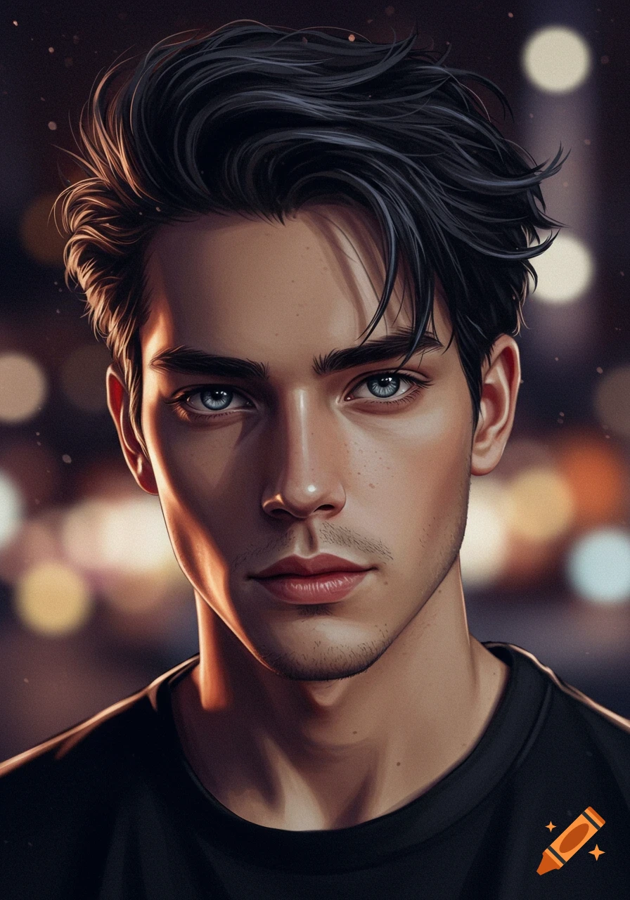 Close-up portrait of a handsome young man with dark hair and blue eyes in a semi-realistic anime style.