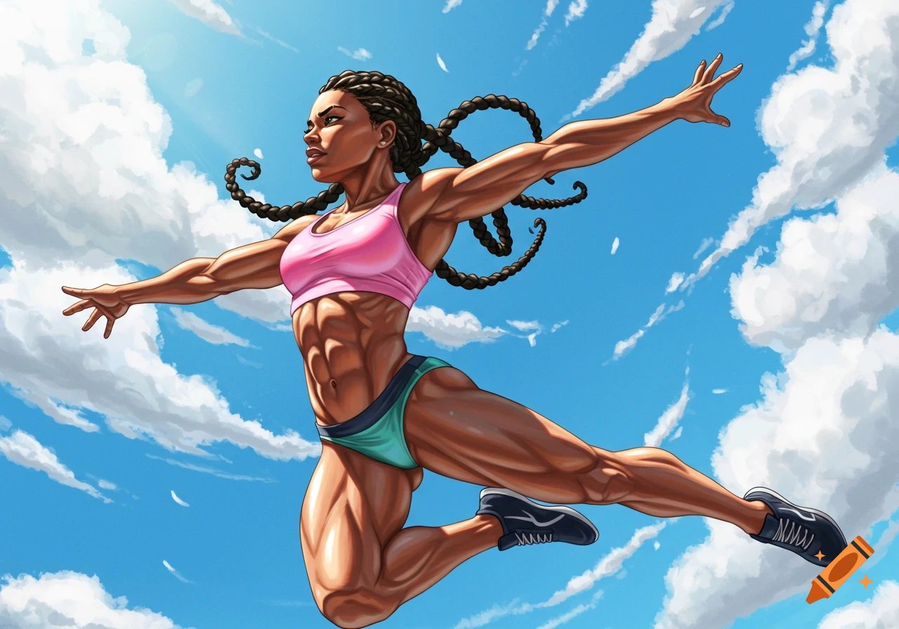Muscular female athlete jumping against a blue sky illustration