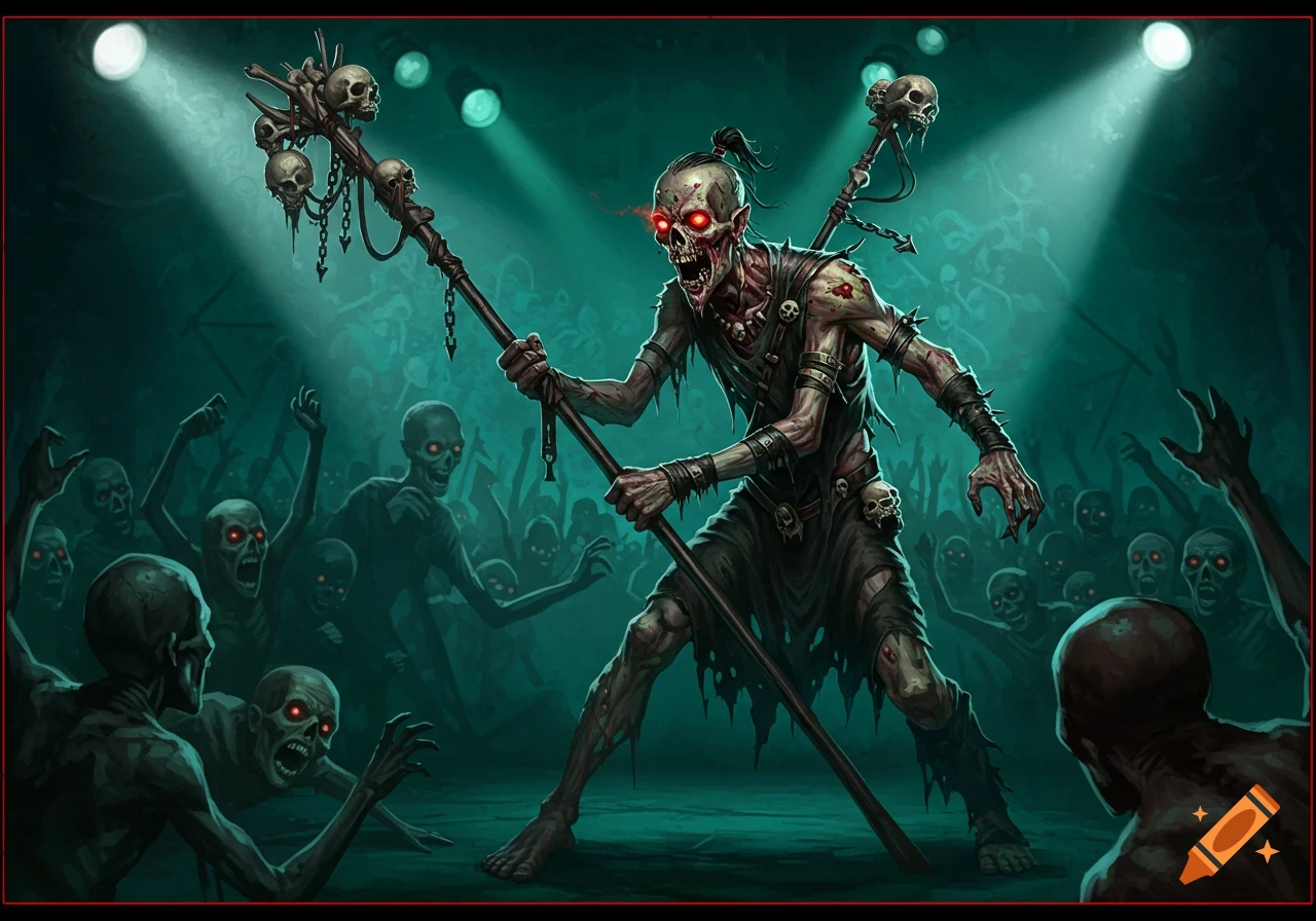 A zombie necromancer holding staffs stands on a stage before a crowd of zombies with glowing red eyes. Dark fantasy art.