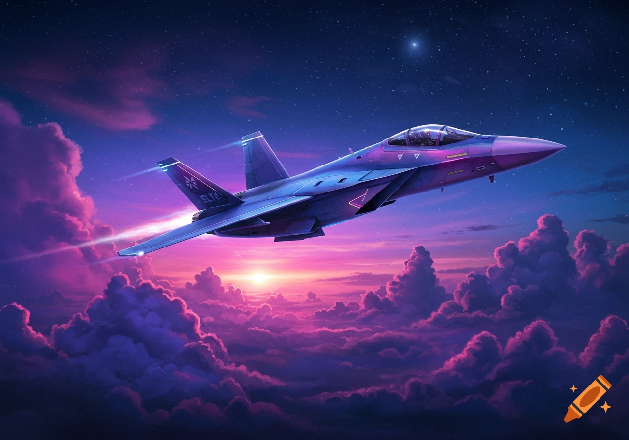 Futuristic jet flies through purple and pink clouds at sunset under a starry sky.