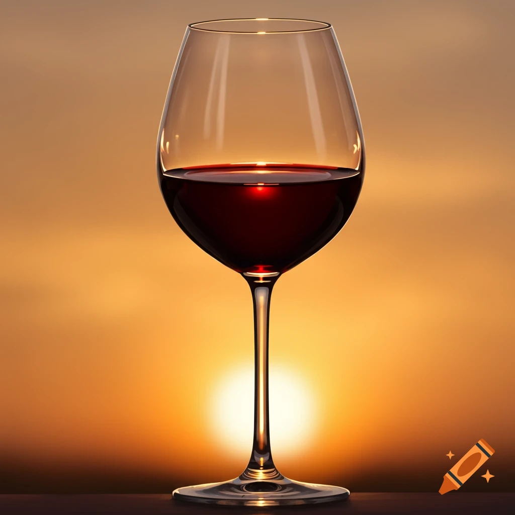 A glass of red wine in front of a sunset.