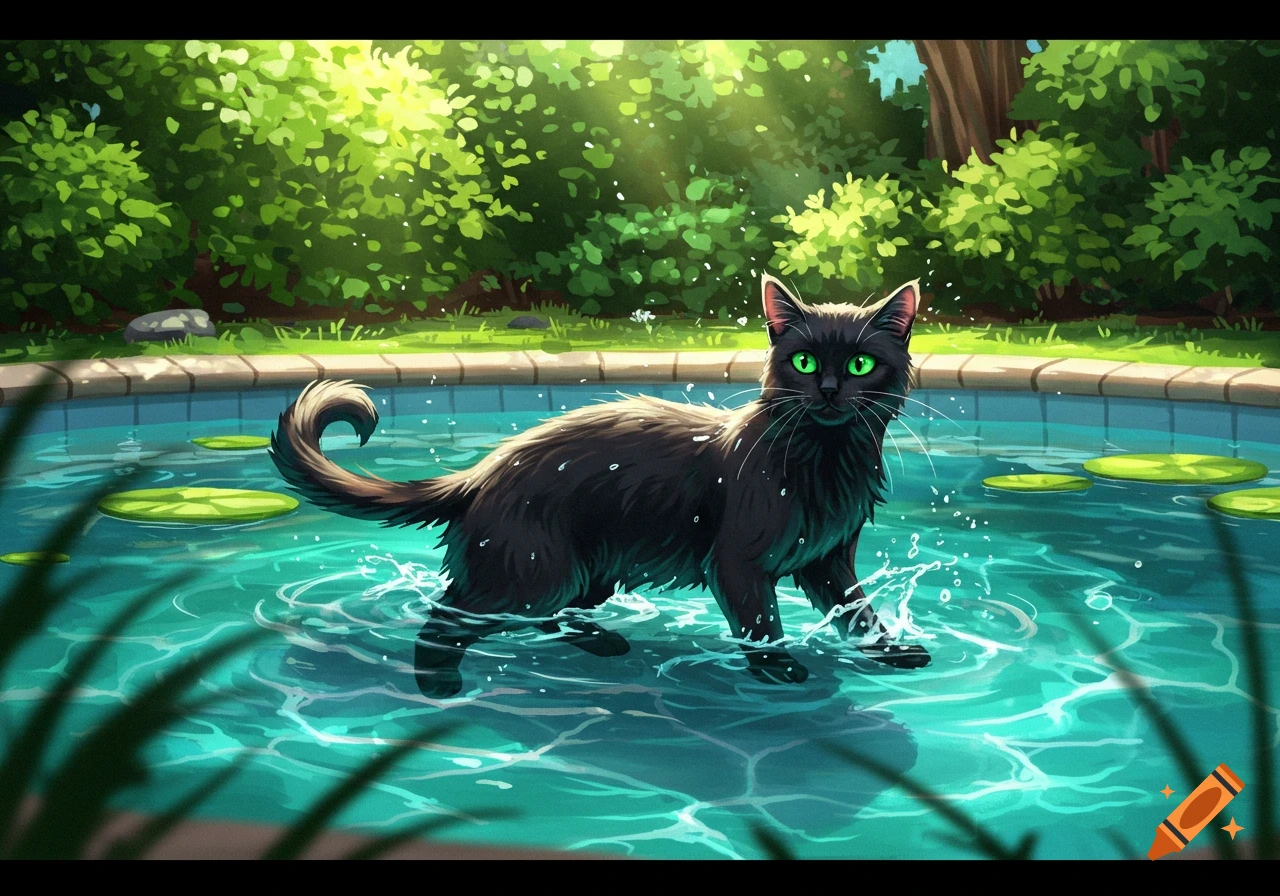 A black cat with green eyes stands in a swimming pool, splashing water.