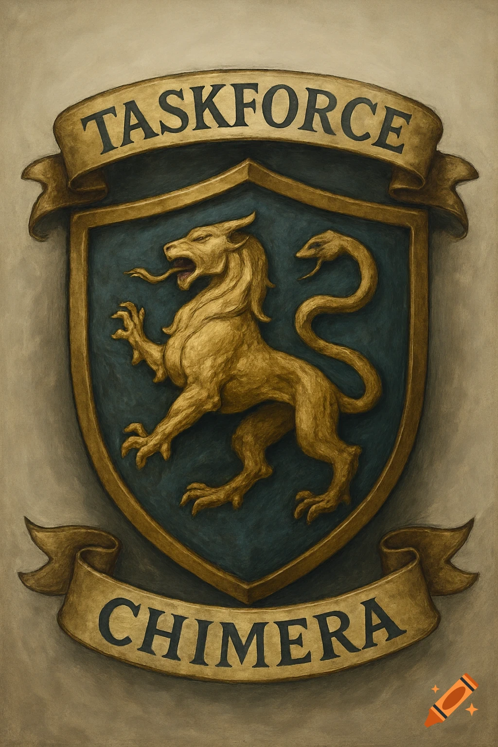 A painted crest featuring a golden chimera on a shield with banners reading TASKFORCE and CHIMERA