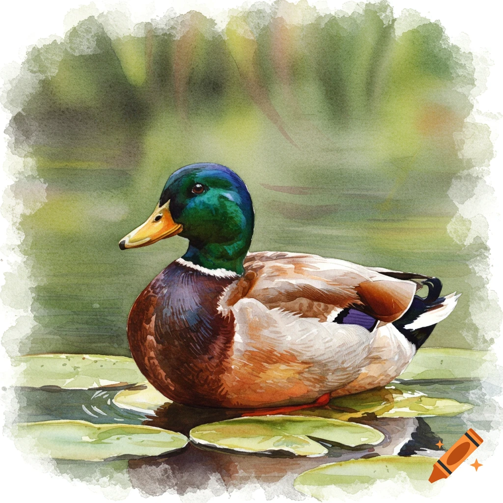 Watercolor painting of a mallard duck sitting on lily pads in water.