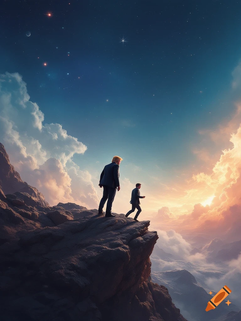 Two men stand on a rocky mountain peak looking out at a vast landscape ...