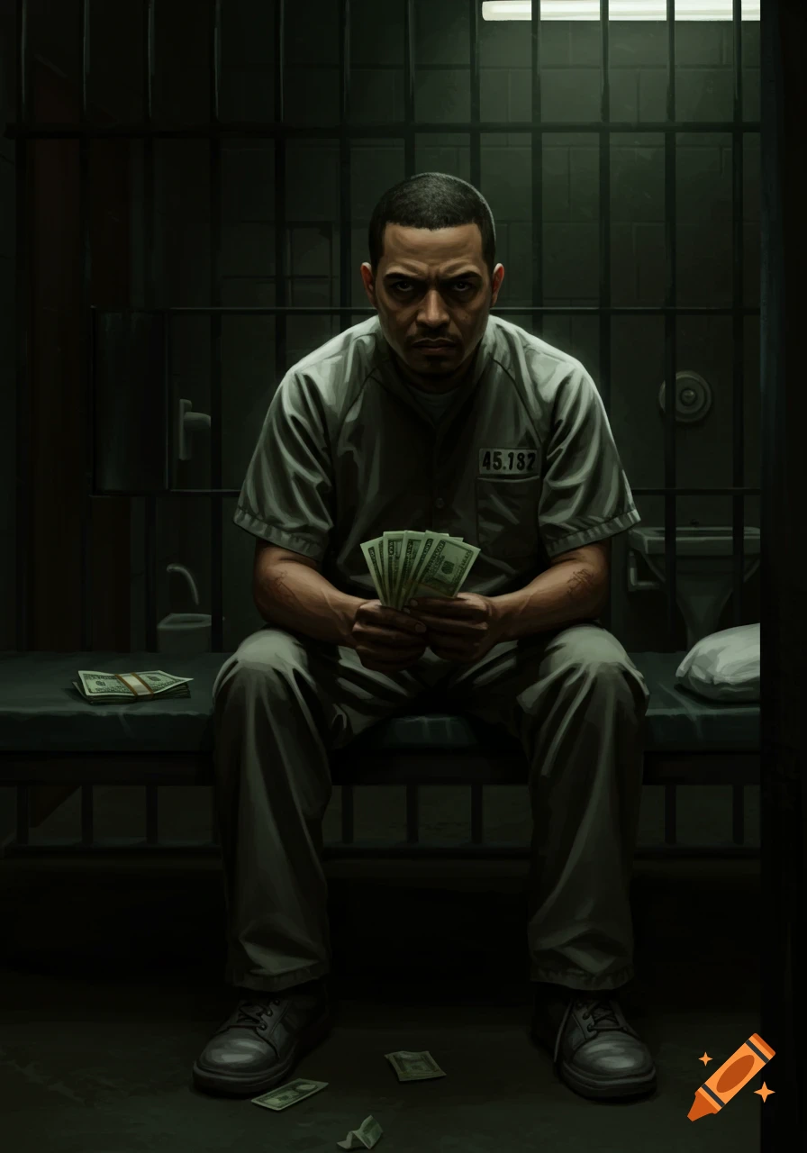Man in prison uniform sits on a bed in a cell, holding cash.