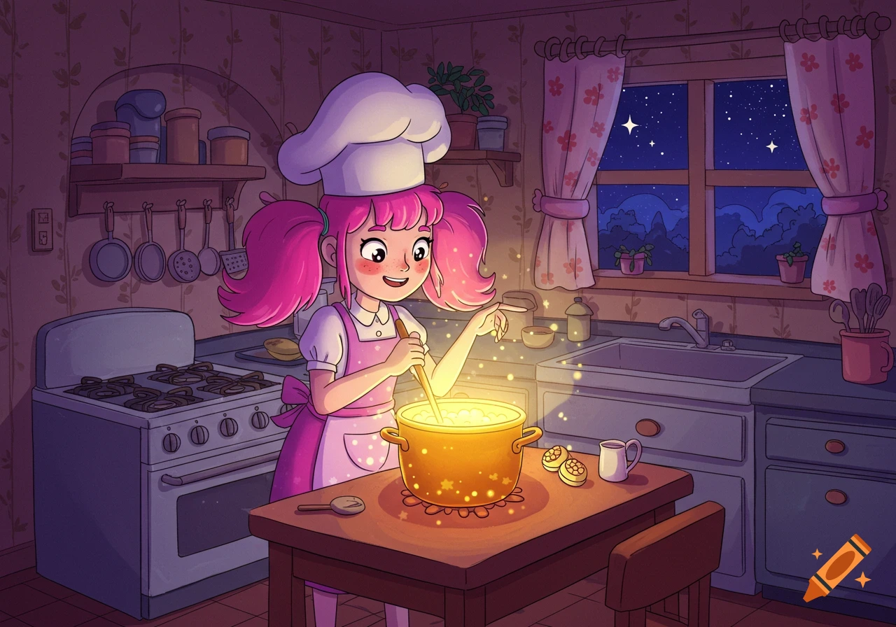 A cute 2D cartoon of a magical cook stirring a glowing pot in a cozy kitchen at night with stars outside.