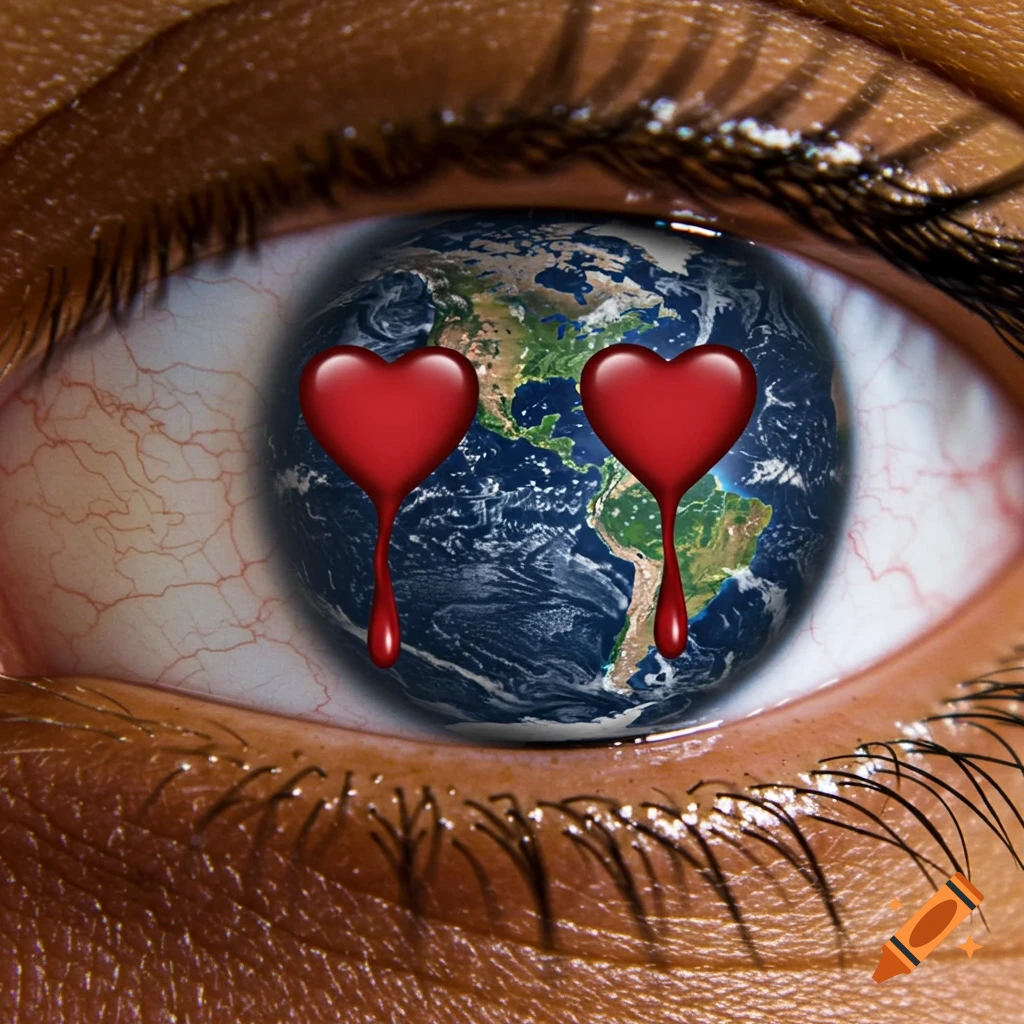 Close-up of an eye with the Earth as the iris, crying red heart tears.