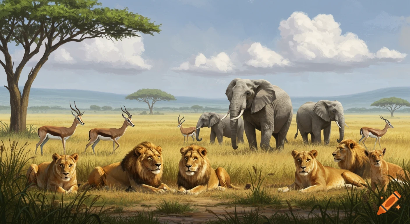 Lions, elephants, and gazelles gather in a sunny savanna landscape with acacia trees, in a painterly style.