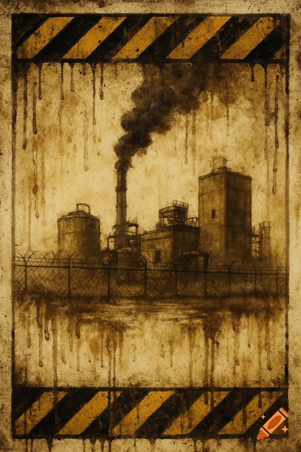 Grunge industrial scene with factory, fence, smoke stack, and hazard borders
