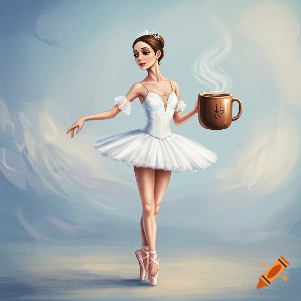 Illustration of a ballerina holding a steaming mug of coffee.