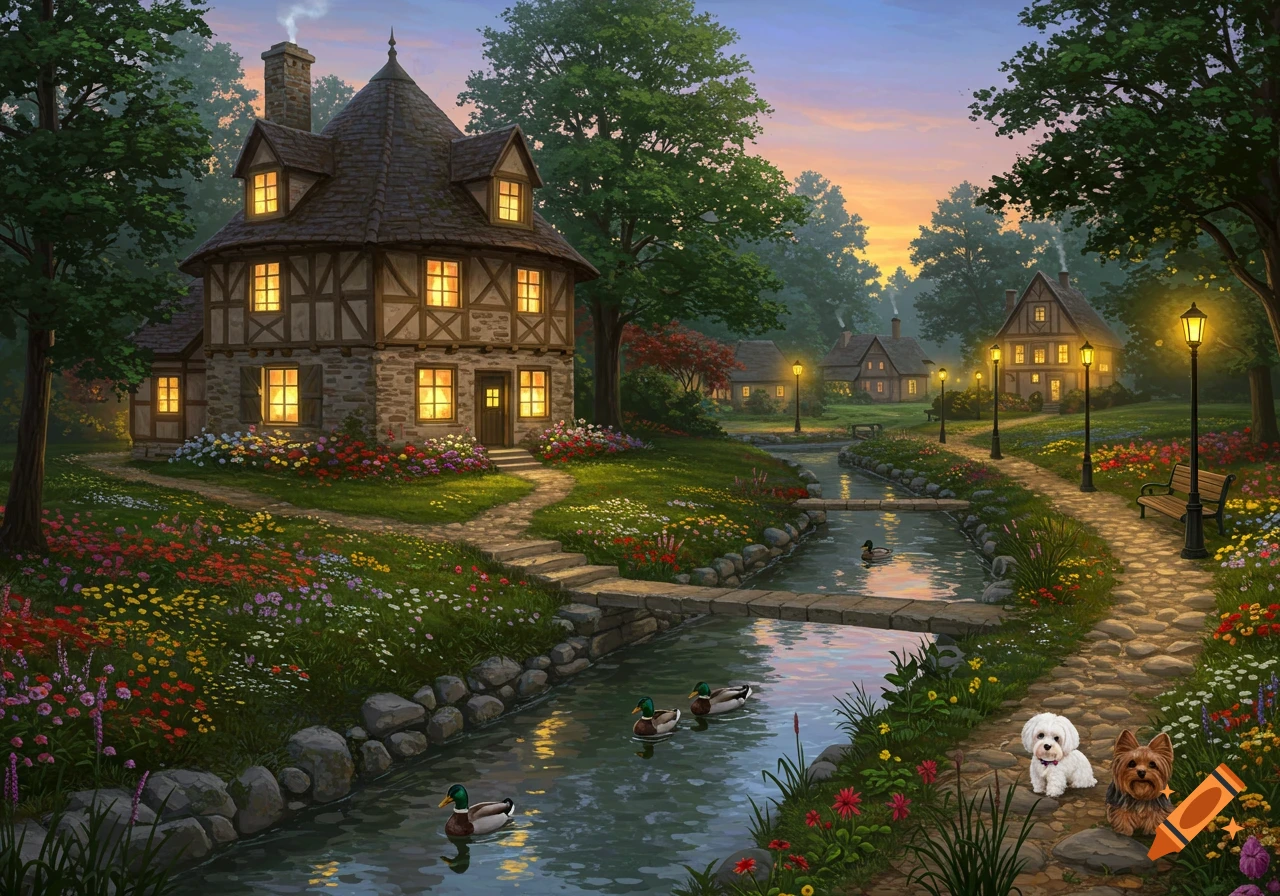 Charming village scene with houses, stream, flowers, and two small dogs.