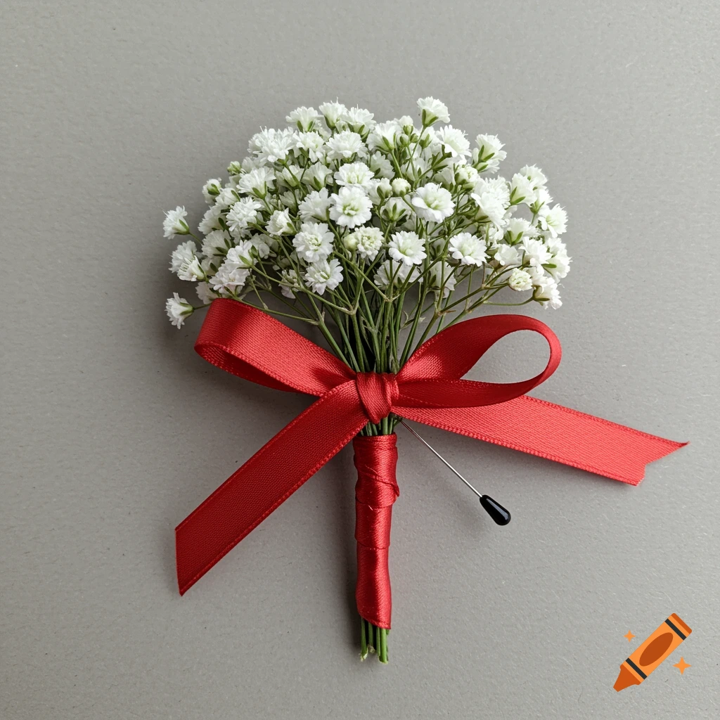 Baby's breath boutonniere with a red ribbon