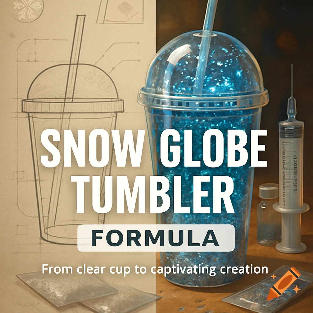 Split image showing a sketch of a tumbler on the left and a finished blue glitter snow globe tumbler on the right with crafting tools, overlaid with text "SNOW GLOBE TUMBLER FORMULA".