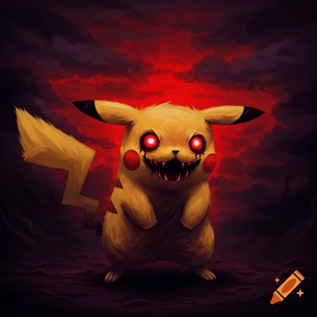 A creepy illustration of a monstrous Pikachu with glowing red eyes and sharp teeth against a dark red background.