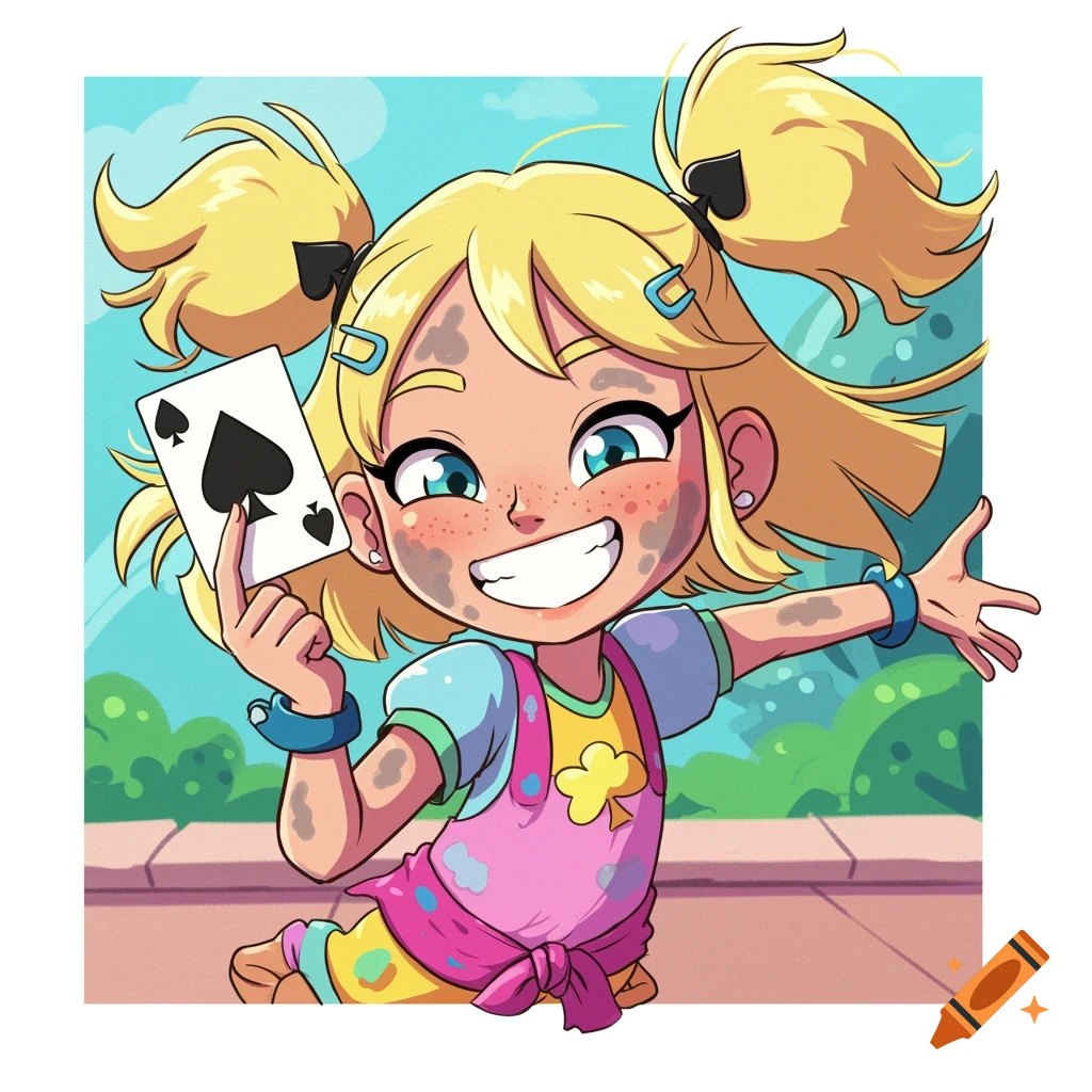 A smiling cartoon girl with dirty face and blonde pigtails holds up a four of spades playing card in an outdoor scene.