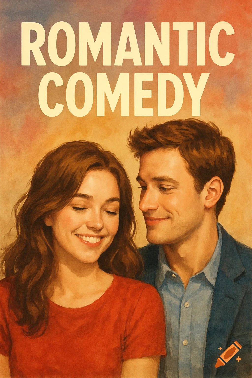 Illustration of a smiling couple with 'ROMANTIC COMEDY' title above, styled like a movie poster.