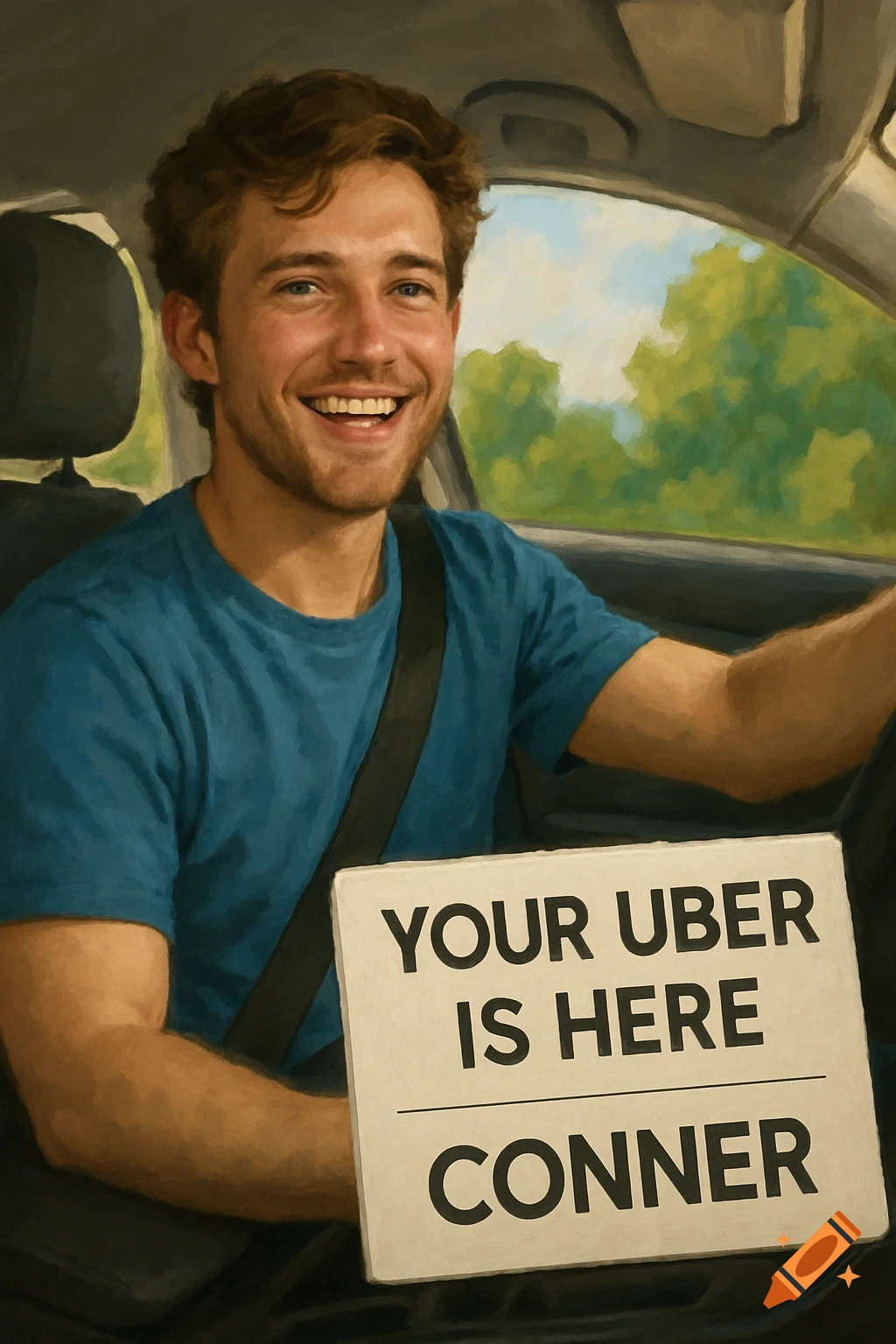 Smiling man in a car holds sign "YOUR UBER IS HERE CONNER". Painterly illustration.