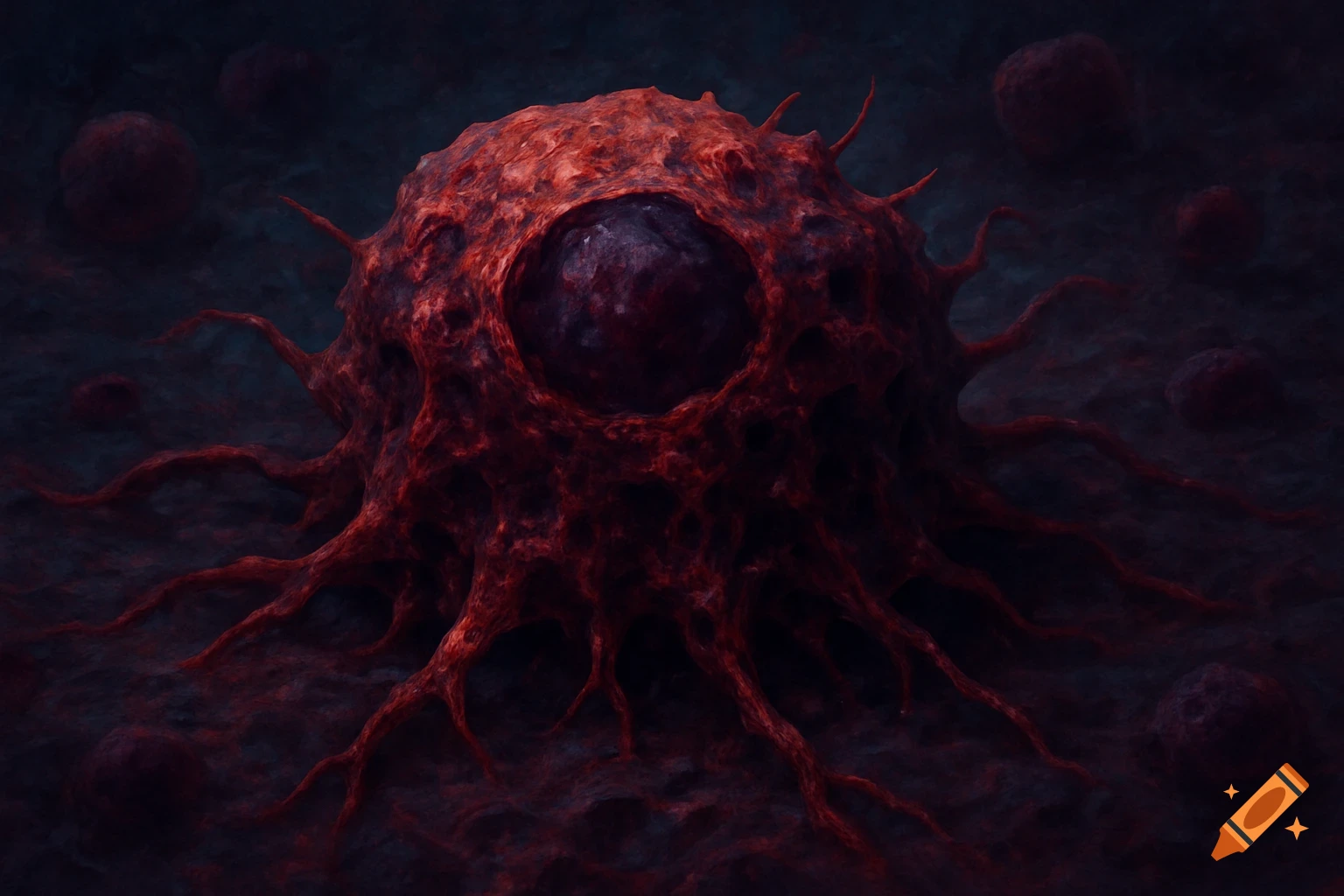 Stylized microscopic view of a dark red, irregular cell with tendrils.