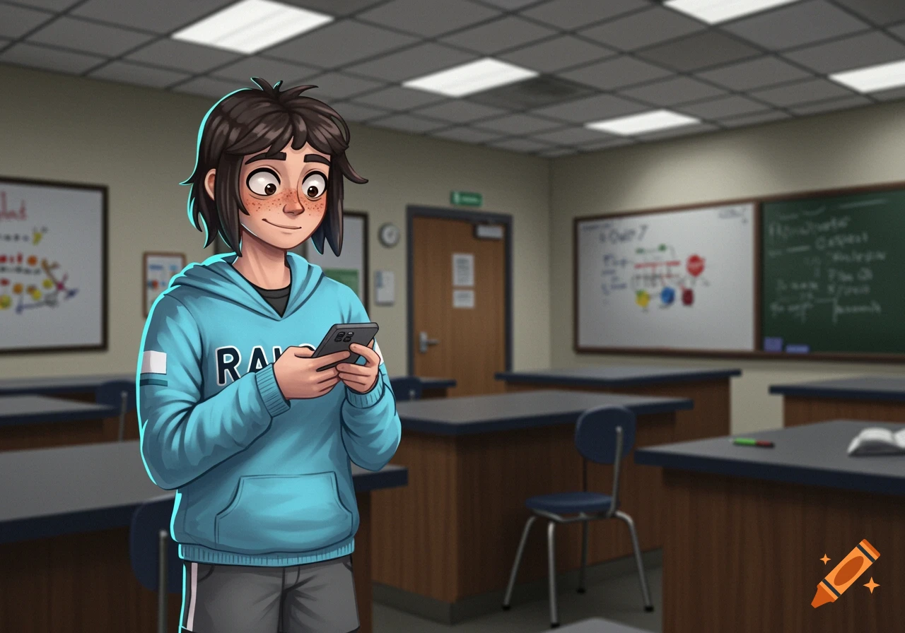 Cartoon illustration of a student looking at a phone in a classroom
