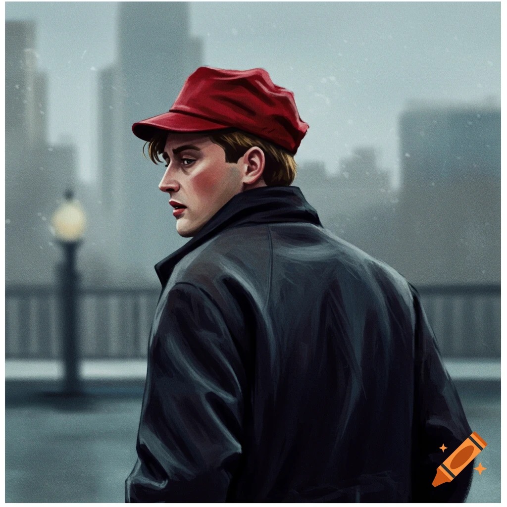 Painterly illustration of a man in a red cap and black coat looking over his shoulder at the viewer against a blurry city background.