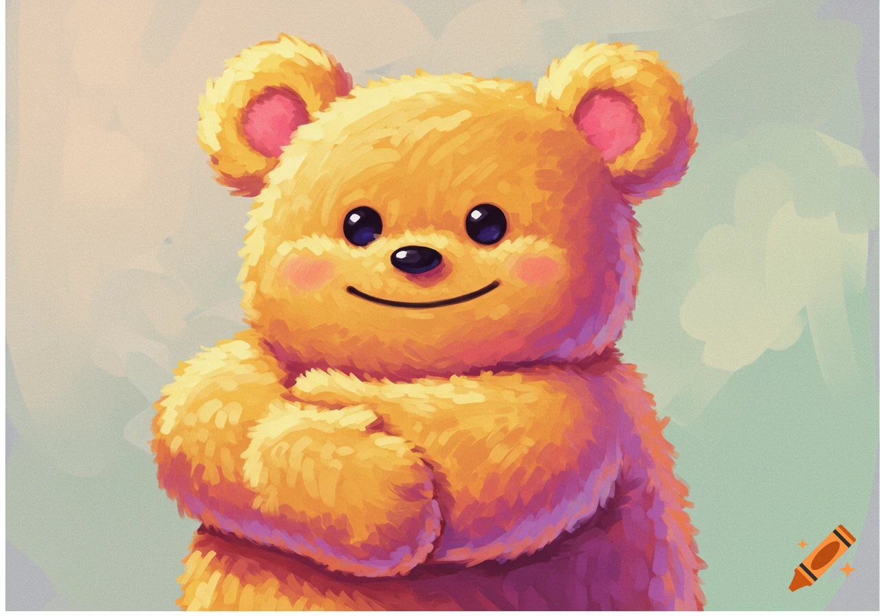 A cute orange teddy bear smiling with rosy cheeks in a painterly style.