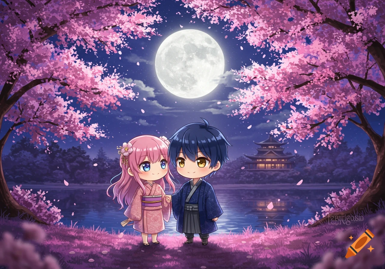 Chibi anime couple under cherry blossom trees at night with a full moon.