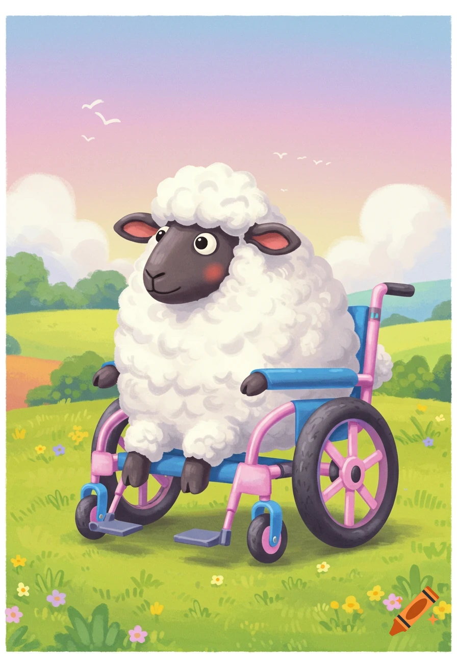 A cartoon sheep sits in a pink and blue wheelchair in a grassy field with flowers and birds.