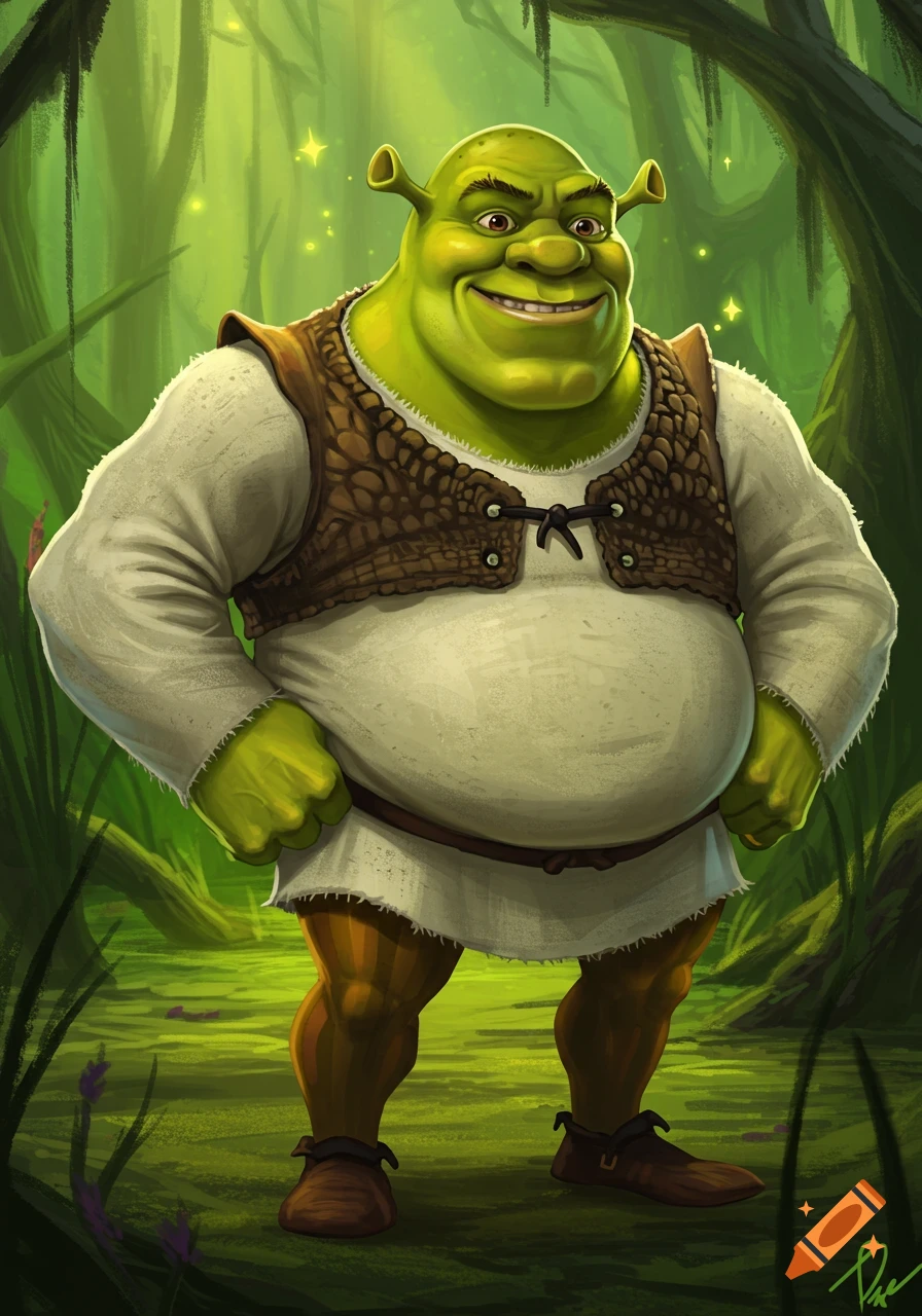 Illustration of Shrek standing in a forest, hands on hips, smiling.