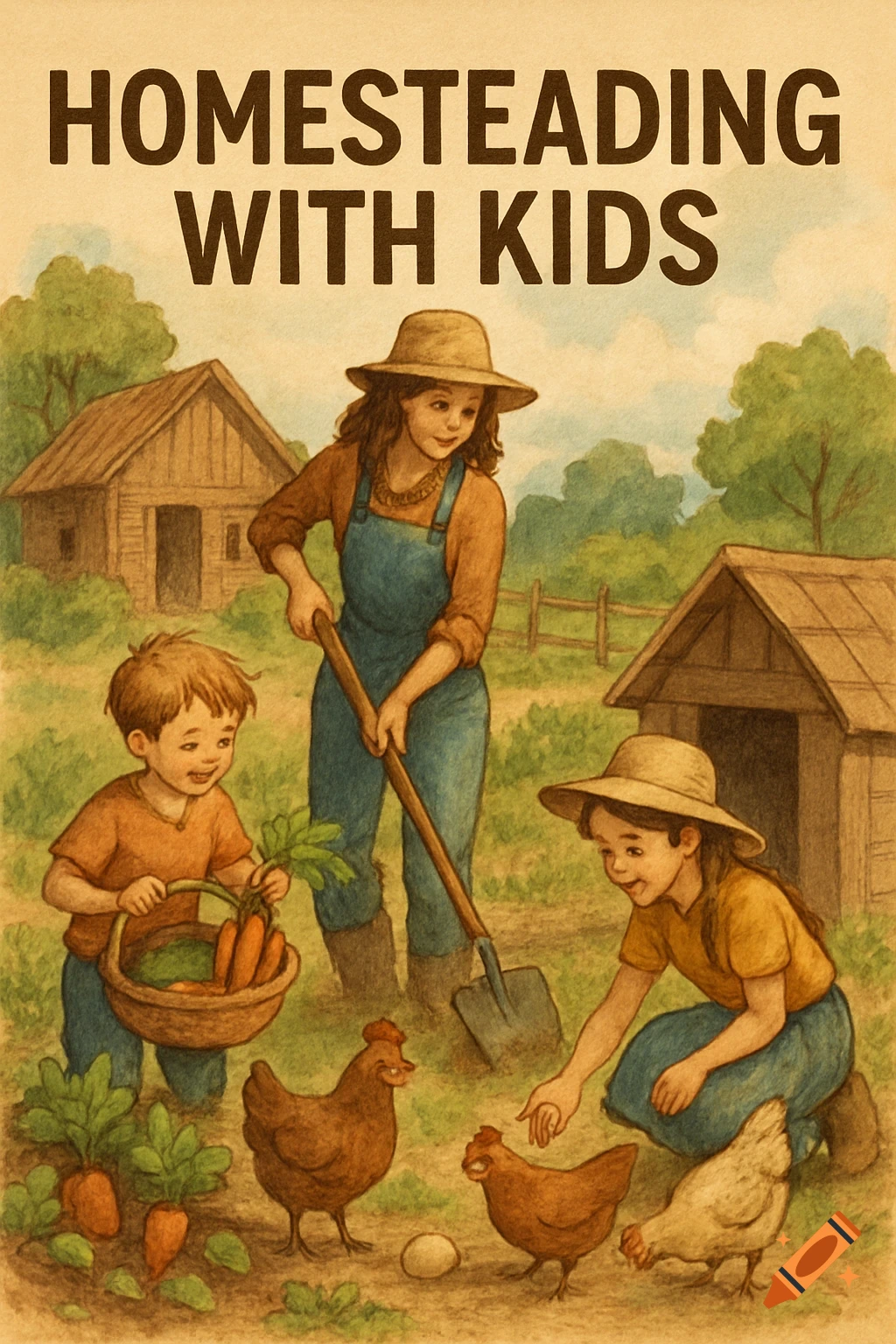 Watercolor illustration of a mother and two kids farming with chickens and carrots, text says HOMESTEADING WITH KIDS