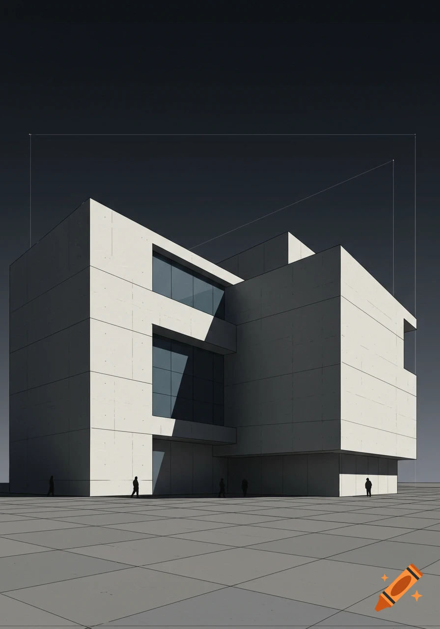 Modernist concrete building with geometric windows and minimalist style, silhouetted figures walk nearby.