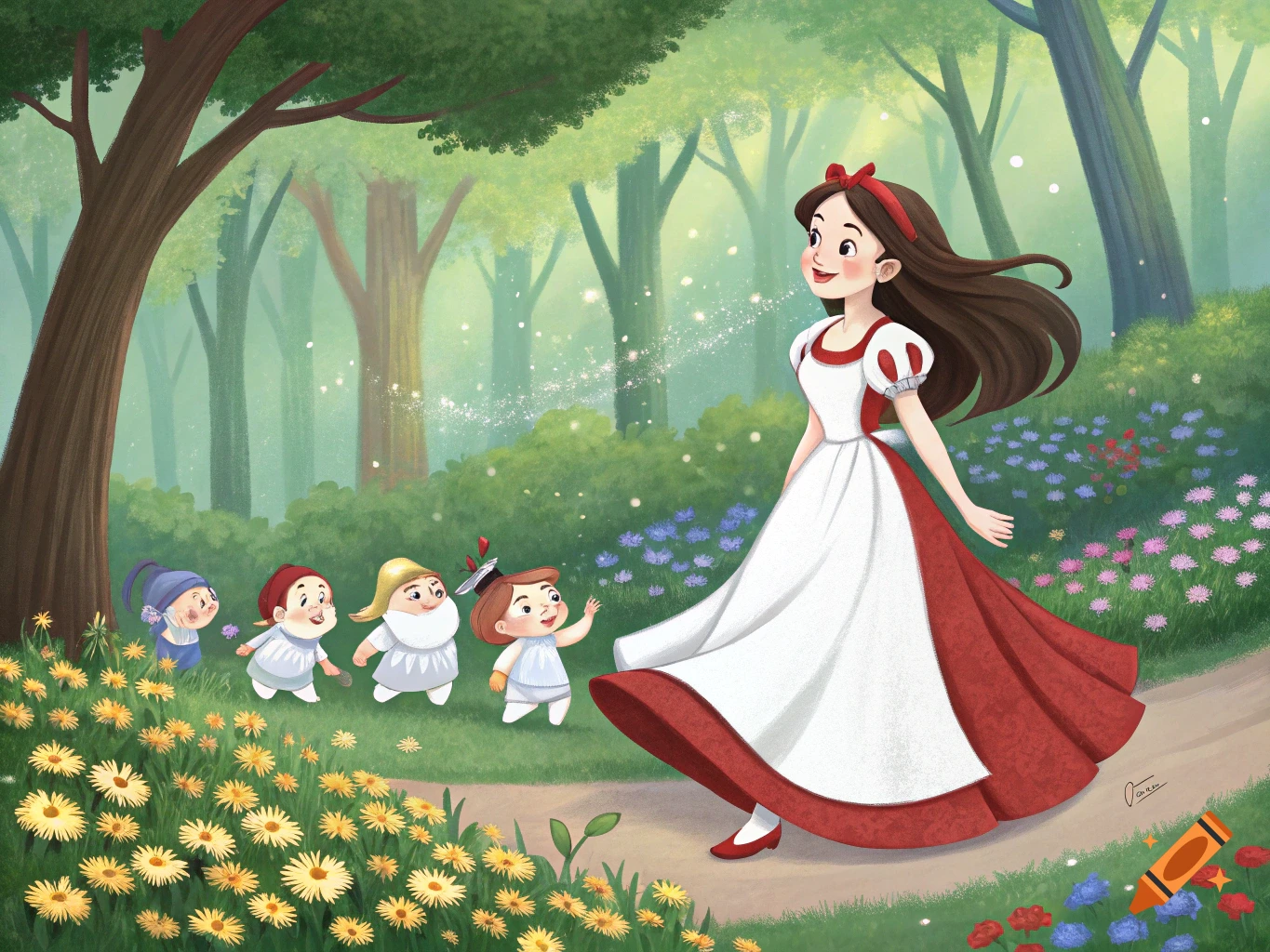 Illustration of Snow White walking in a forest, followed by dwarfs.
