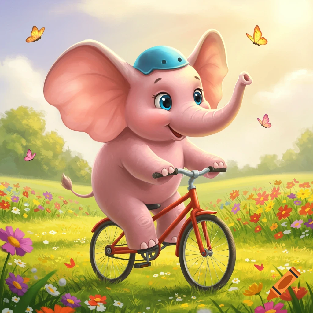A cute pink cartoon elephant rides a red bicycle through a field of colorful flowers with butterflies.